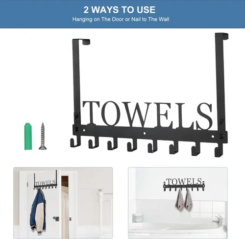 Miniatura 4 de Azmoncy Ganchos sobre la puerta, toallero para baño, soporte para toallas para colgar de alta resistencia, colgador de toallas de montaje en pared