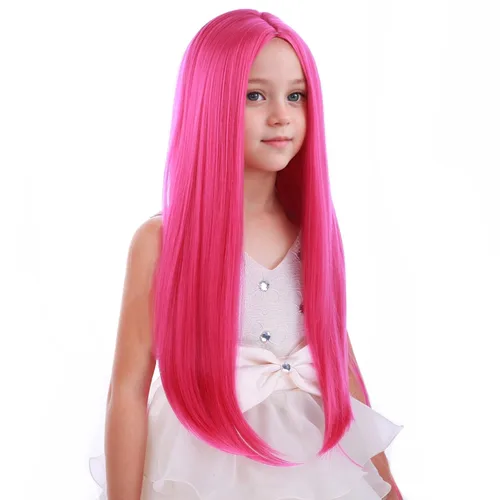 Miniatura 2 de PATTNIUM Peluca de color rosa intenso para niños, peluca larga y recta, color rosa, para niñas, color magenta, color rosa neón, pelucas sintéticas