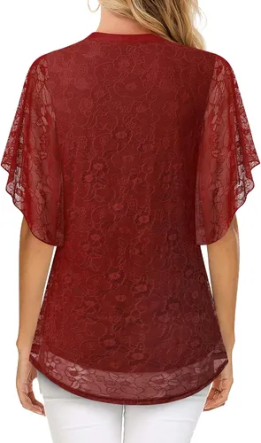 Miniatura 3 de Timeson Blusas de manga corta con cuello en V para mujer, camisas florales de doble capa de malla