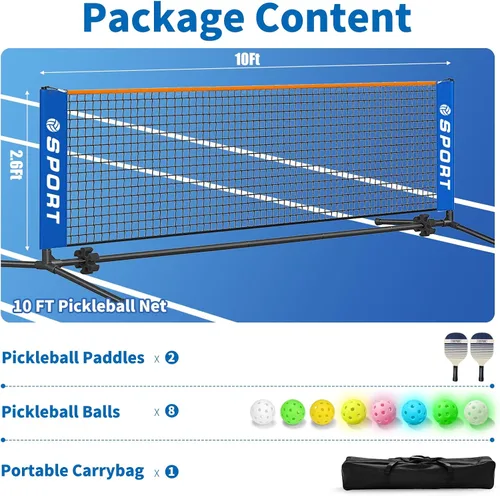Miniatura 2 de 10 FT Mini Portable Pickleball Net Equipment Set - Tennis Net for Driveway Backyard, 2 Pickleball Paddles, 8 Pickleballs and Potable Carry