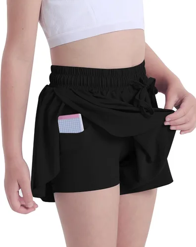 Miniatura 2 de KEREDA Pantalones cortos fluidos para niñas, pantalones cortos de mariposa para niñas adolescentes con forro de elastano 2 en 1 para correr