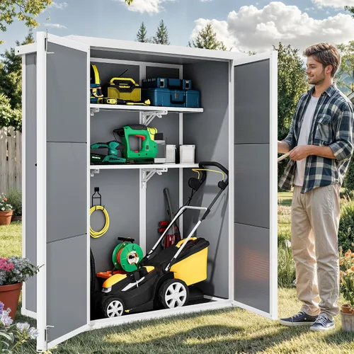 Miniatura 4 de DWVO Cobertizo de almacenamiento alto para exteriores de 50 pies cúbicos con 2 estantes, cobertizo vertical de herramientas de 4.3 x 2 x 5.5 pies
