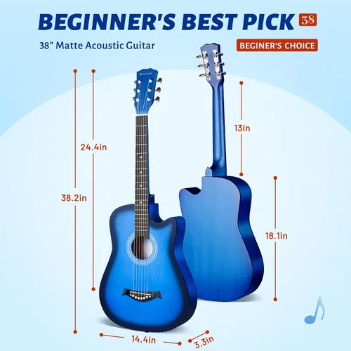 Miniatura 5 de CAHAYA Guitarra acústica: Juego de iniciación de 96.5 cm con corte para principiantes, de madera, para niños, adolescentes y adultos, con bolsa