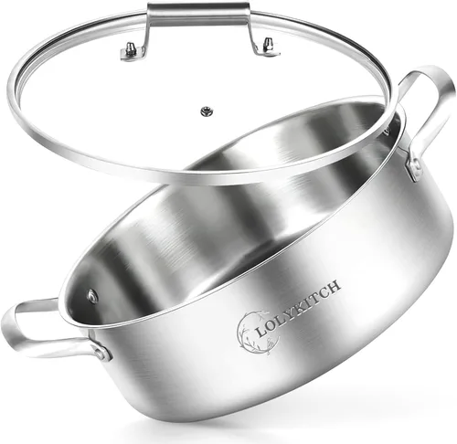 Miniatura 7 de LOLYKITCH Sartén Salteadora de Acero Inoxidable Tri-Capa de 7 Cuartos con Tapa, Sartén para Freír Profunda de 12 Pulgadas, Sartén Grande, Cocinero