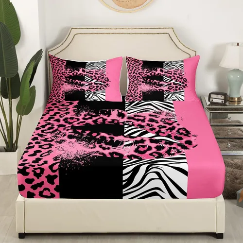 Miniatura 3 de Manfei Sábana bajera ajustable de labios de rosa, tamaño individual, funda de cama con estampado de cebra de leopardo con 1 funda de almohada, juego