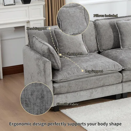 Miniatura 5 de Sofá modular gris de 111.5 pulgadas, sofás seccionales grandes de 3 plazas para sala de estar, sofá nube de tela de felpilla de gran