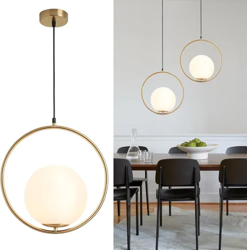 KCO Moderna lámpara colgante de globo dorado con 1 luz individual de cristal blanco para isla de cocina, lámpara colgante ajustable de mediados de