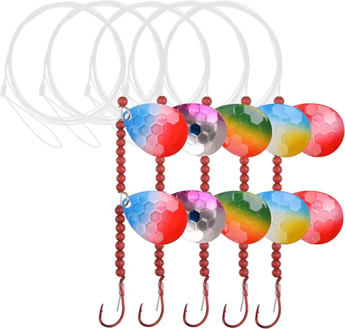 Miniatura 12 de Walleye Spinner Rig Kit, paquete de 5 arneses sobre orugas Walleye Rig pre-aparejado plataformas de cebo vivo Colorado spinners cuchillas giratorias