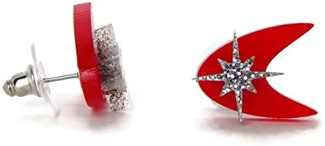 Miniatura 5 de Retro Red Boomerang Stud Earrings, Atomic 50s Acrylic Studs, Mid Century Modern Celestial Earring