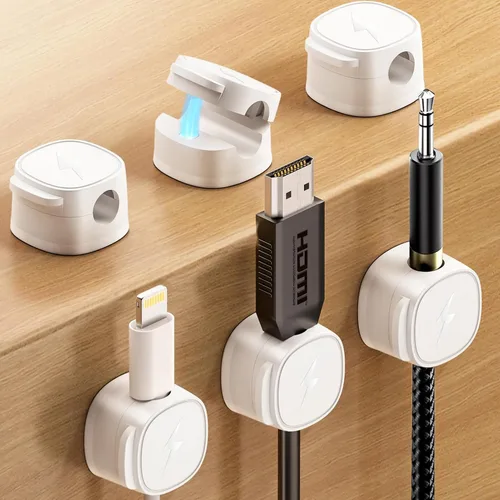 Clips magnéticos para cables [bloqueo 1s], organizador de cables adhesivos para mesita de noche, paquete de 6 clips de gestión de cables de