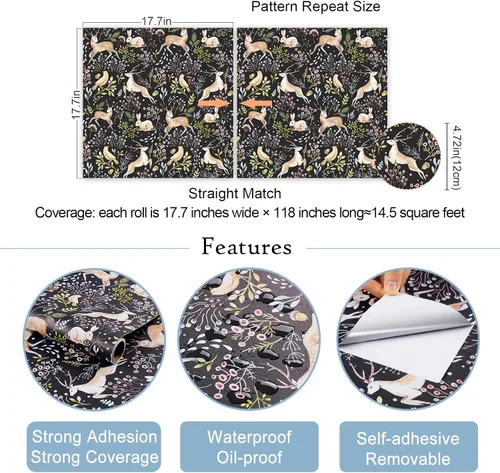 Miniatura 9 de VaryStyle Papel tapiz de 17.7 x 118 pulgadas con diseño de animales del bosque, selva, lindo ciervo, conejo, pájaro, musgo, floral, papel