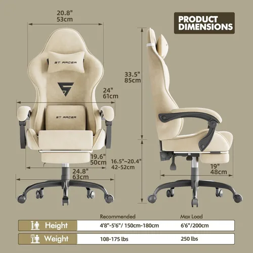 Miniatura 3 de Ferghana Silla ergonómica de tela de terciopelo para videojuegos con reposapiés y masaje, respaldo alto, silla reclinable para computadora