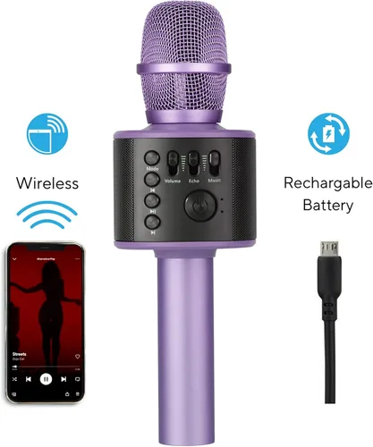 Miniatura 5 de Micrófono de karaoke inalámbrico Bluetooth con altavoces incorporados + grabación HD, micrófono portátil de mano Lila