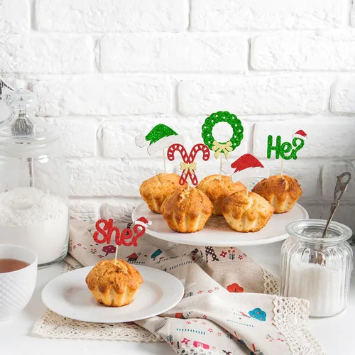 Miniatura 6 de Gyufise 24 piezas Adornos de pastel para revelación de género de Navidad con purpurina, sombrero navideño de Navidad, adorno de pastel de él o ella