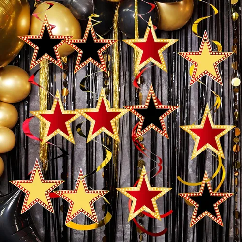 Miniatura 6 de Lenwen 39 espirales colgantes estilo estrella rojo dorado y negro para decoración nocturna de películas, alfombra roja, decoración de fiesta