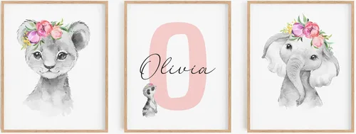 Juego de arte de pared personalizado de safari para guardería, impresiones de animales de la selva con nombre personalizado, imágenes de decoración