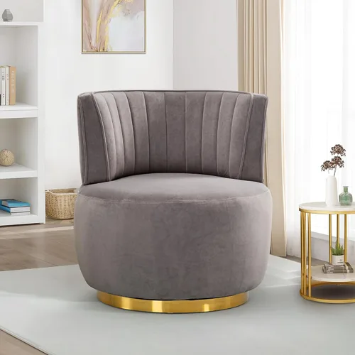 Miniatura 12 de SLEERWAY Silla giratoria de 360°, moderna silla decorativa redonda de terciopelo, cómoda silla pequeña tapizada con base de metal dorado para sala