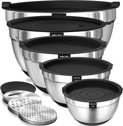 Umite Chef Cuencos para Mezclar con Tapas Herméticas, Juego de 8 Cuencos de Acero Inoxidable para Mezclar Anidables, 3 Accesorios de Rallador y Negro