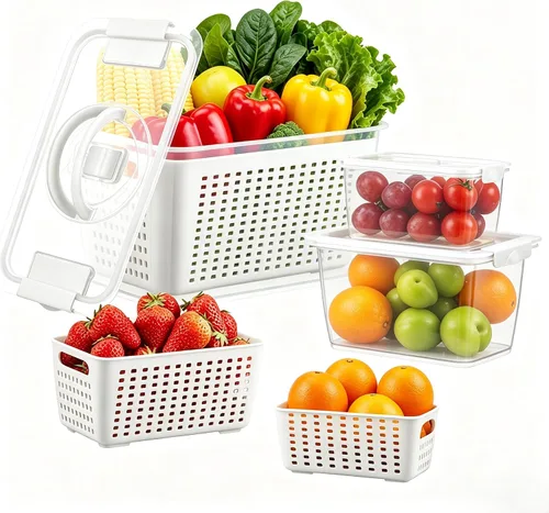 Miniatura 10 de LUXEAR Contenedores para productos para refrigerador, juego de 3 recipientes de frutas con colador extraíble, recipientes sin BPA con tapas, aptos