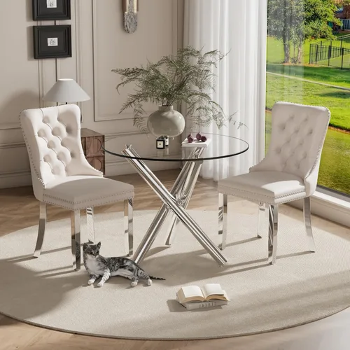 Miniatura 60 de Juego pequeño de mesa redonda con tapa de vidrio transparente para 2, 36'' Juego moderno de lujo para cenas circulares, 3 piezas Juego minimalista