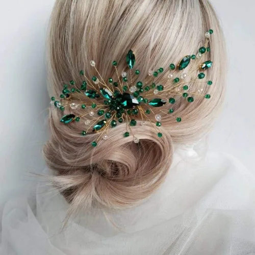Miniatura 2 de Aimimier Peine para el cabello de cristal verde nupcial, con diamantes de imitación esmeralda, vid de graduación, fiesta, festival, boda, accesorios