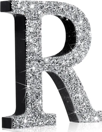 Miniatura 27 de Qunclay Letras brillantes de cristal plateado de 5.7 pulgadas, decoración de diamantes triturados, letra de madera con purpurina con tornillo