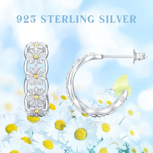 Miniatura 6 de Aretes de aro de margarita para mujeres y niñas, de plata de ley 925, hipoalergénicos, con diseño de margarita, para orejas sensibles, aretes de aro