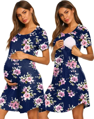 Ekouaer - Vestido 3 en 1 para maternidad, trabajo de parto y lactancia prenda para hospital, para dormir y amamantar.
