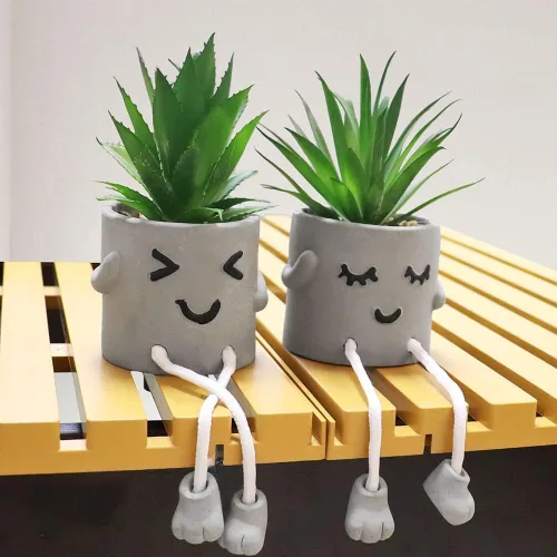 Miniatura 3 de MAKHOT 4 plantas suculentas artificiales creativas con maceta de cemento, planta pequeña falsa para escritorio, suculentas falsas para decoración