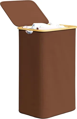 Miniatura 23 de SpaceAid Cesta de lavandería con tapa, 110L de gran capacidad, cesta alta para ropa con asas de bambú, cesta plegable para dormitorio, baño, Negro