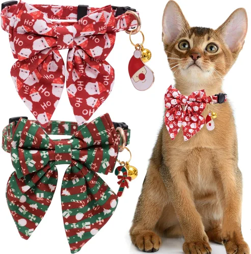 Miniatura 10 de Faygarsle Paquete de 2 collares navideños para gatos con pajarita, collar de invierno rosa y verde para niños y niñas Arco grande verde y rosa
