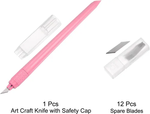 Miniatura 3 de HARFINGTON 1 juego (13 piezas) de cuchillos de manualidades, 1 cuchillo Hobby Exacto y 12 cuchillas de repuesto con tapa de seguridad para Rosado