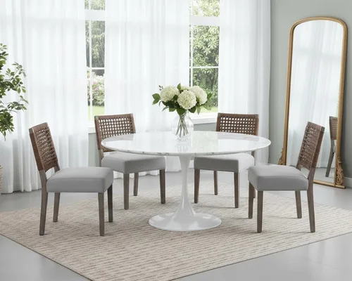 Miniatura 12 de Juego de 2 sillas de comedor de granja, sillas de comedor tapizadas con respaldo tejido a mano, asiento acolchado suave y patas de madera Beige