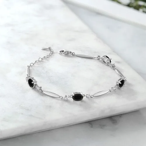 Miniatura 64 de Gem Stone King 925 Sterling Silver Gemstone Birthstone and White Created Sapphire Tennis Bracelet For Women Oval 7X5MM and 2MM 6 Inch + 1 Inch