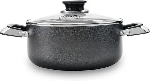 Alpine Cuisine Olla antiadherente de 5 cuartos con tapa de vidrio templado y asas de transporte, utensilios de cocina multiusos, horno holandés de