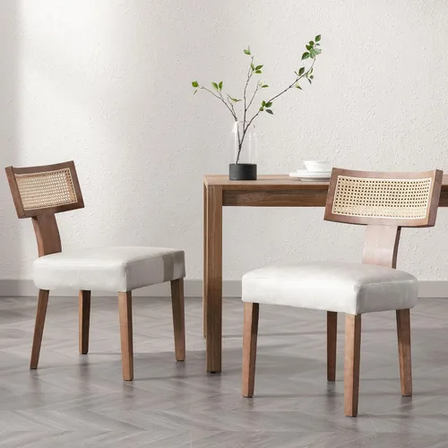 Miniatura 16 de VESCASA Sillas de comedor tapizadas de lino con patas de madera natural, modernas sillas de comedor acolchadas con ribete de cabeza de clavo
