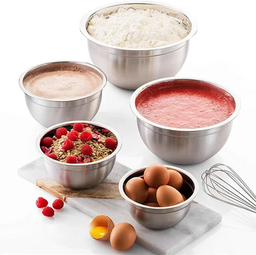 Miniatura 7 de Juego de 5 tazones de acero inoxidable, utensilios para cocina, multifuncionales, apilables, aptos para lavavajillas, 3.75 L, 3.25 L, 2.5 L, 2 L