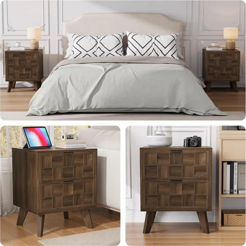 Miniatura 7 de Smuxee Mesita de noche de madera de nogal con 2 cajones, mesita de noche de mediados de siglo con puertas de tablero de ajedrez en relieve, mesita