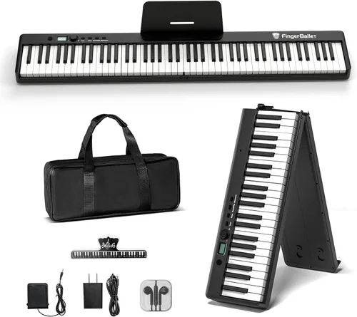 Teclado de piano portátil, piano digital plegable semipesado de 88 teclas, tamaño completo, grano de madera, teclado de piano eléctrico con