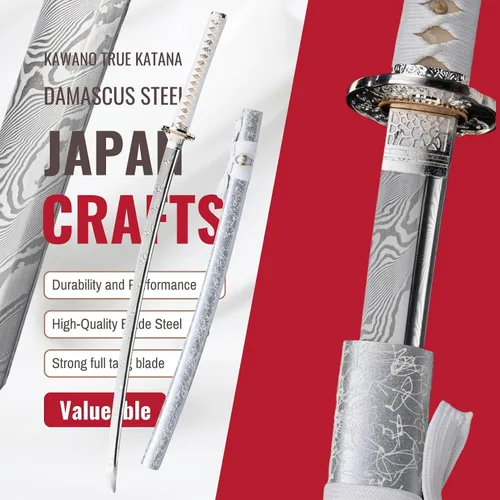 Miniatura 7 de Espada Katana KAWANO, espada japonesa de Damasco de acero plegable hecha a mano, espada samurái de lama completa funcional, mango de Rayskin real