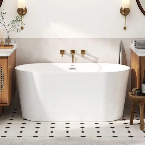Miniatura 19 de FerdY Shangri-La - Bañera de acrílico independiente de 67 pulgadas, bañera de remojo de acrílico de forma ovalada clásica con desagüe de níquel