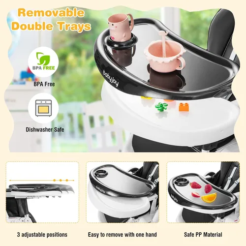 Miniatura 4 de BABY JOY Silla alta para bebés y niños pequeños, silla alta plegable con respaldo/reposapiés/altura del asiento, bandejas extraíbles dobles, cojín