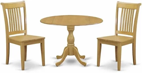 Miniatura 7 de East West Furniture DMPO3-OAK-C - Juego de mesa de comedor moderno de 3 piezas que contiene una mesa redonda de madera con gotas y 2 sillas
