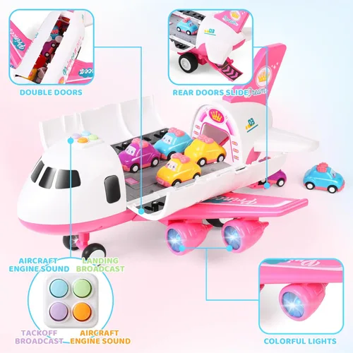 Miniatura 3 de Dwi Dowellin Juguete de avión rosa con 6 camiones y tapete de juego, avión con luces y sonidos para niños y niñas de 3, 4, 5, 6, 7 años