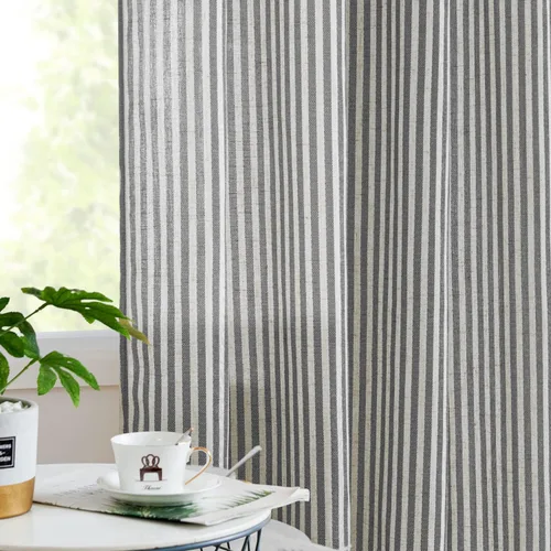 Miniatura 16 de Vangao Cortinas de lino a rayas para sala de estar, dormitorio, casa rural con estampado de rayas de tictac, cortinas impresas con ojales