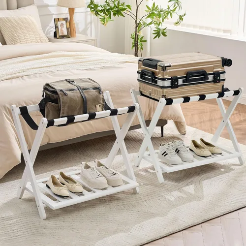 Miniatura 11 de oakvivo Portaequipajes negro totalmente montado para habitación de invitados, soporte plegable de bambú para maleta con 5 correas de nailon, soporte