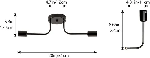 Miniatura 2 de 2 lámparas de techo industriales semiempotradas con ramificación de metal ajustable, soporte E26, pintado en negro, para cocina, sala de estar