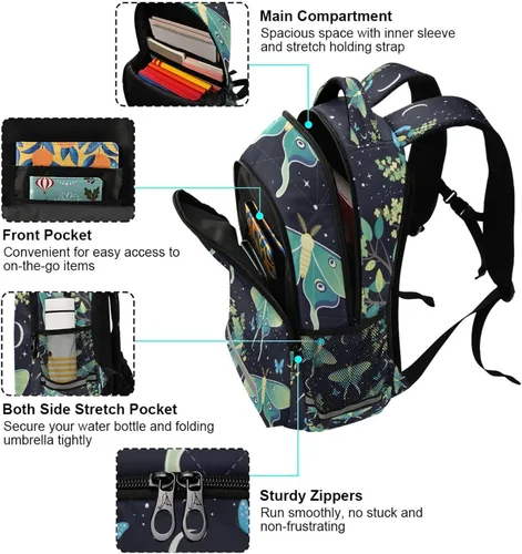 Miniatura 5 de ALAZA Mochilas de viaje con diseño de mariposa, luna y estrella, color azul turquesa, mochila escolar para hombres, mujeres, adolescentes y niños