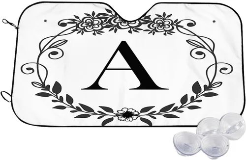 Miniatura 7 de Parasol para parabrisas de automóvil con inicial floral, ajuste universal, letra F, mantiene tu vehículo fresco. Reflector de calor y sol UV, negro