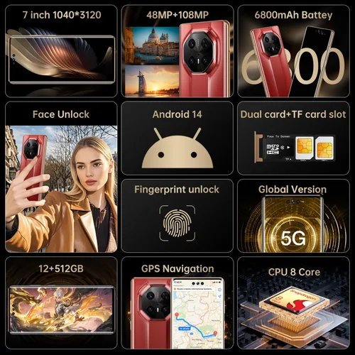 Miniatura 3 de Teléfono celular desbloqueado M70 RS Smartphone 12GB+512GB Teléfono Android 48MP+108MP Cámara 7 pulgadas Pantalla HD Teléfono móvil 5G Dual SIM Rojo